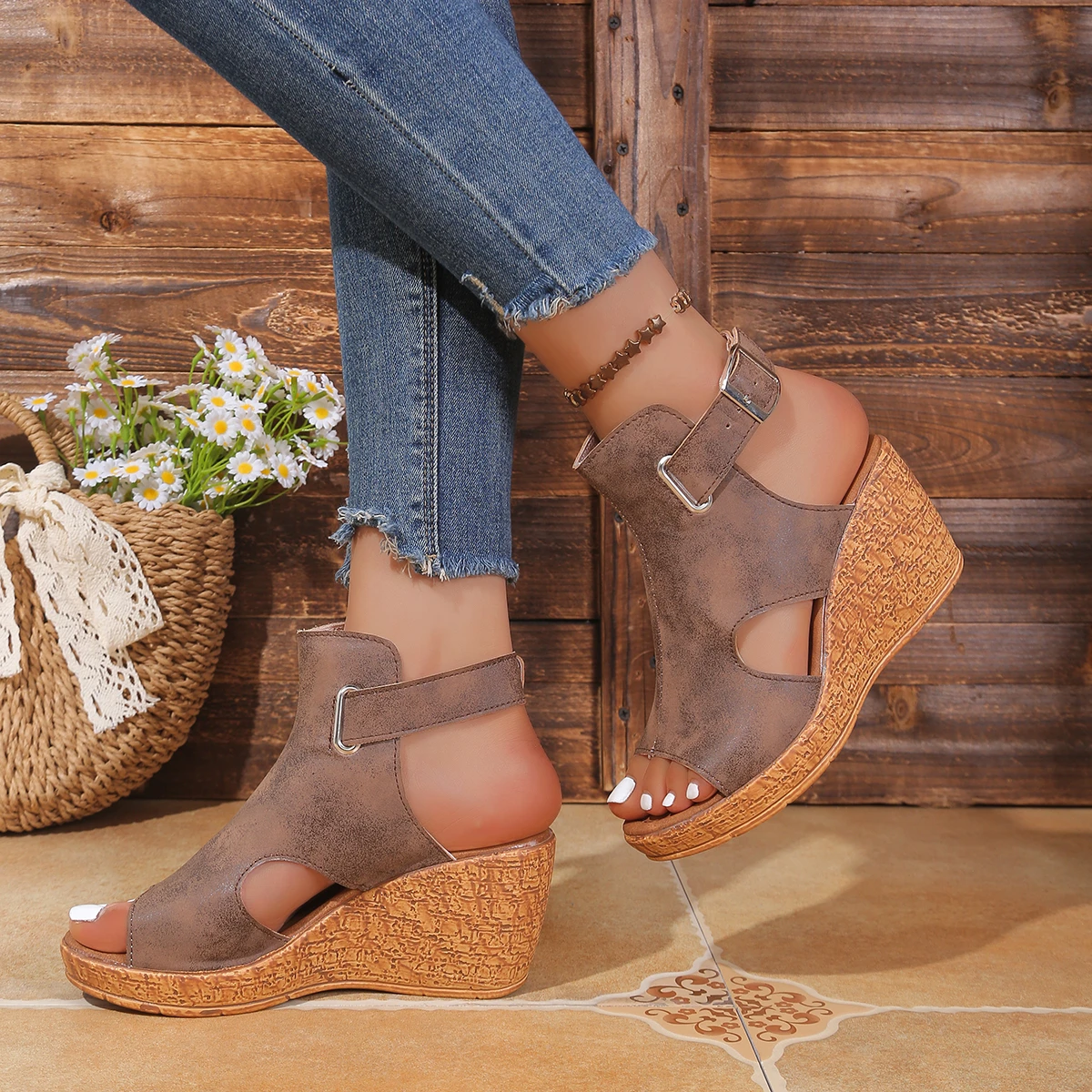 

2026 Leather Wedge Sandals Women Summer Retro Thick Sole Sandals Woman Plus Size 43 Non-slip Beach Shoes