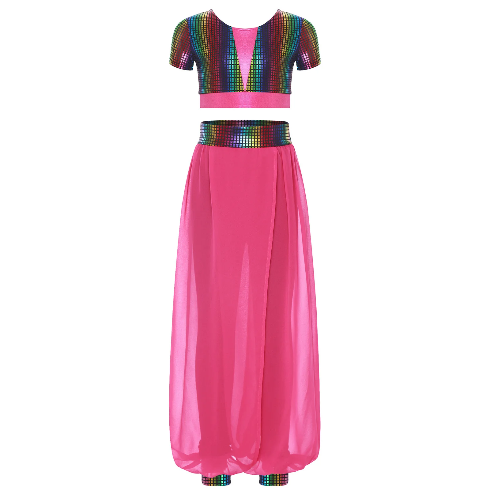 

Kids Girls Jazz Dance Costume 2Pcs/Set Metallic Round Collar Short Sleeves Crop Tops+Elastic Waistband Pants Belly Dancewear