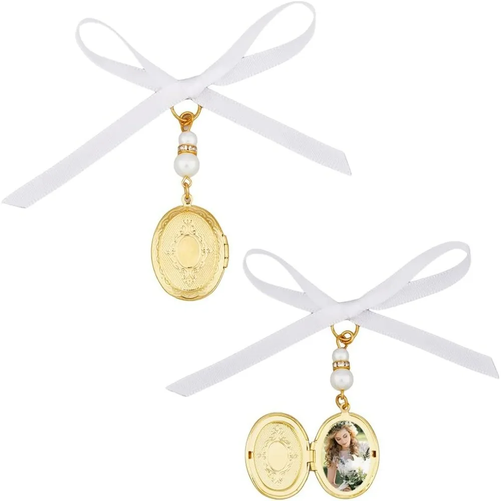 2PCS Brass Wedding Bouquet Charms Locket Pendant Decorations with Acrylic Imitated Pearl Beads and Satin Ribbon Golden