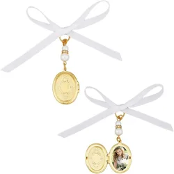 2PCS Brass Wedding Bouquet Charms Locket Pendant Decorations with Acrylic Imitated Pearl Beads and Satin Ribbon Golden