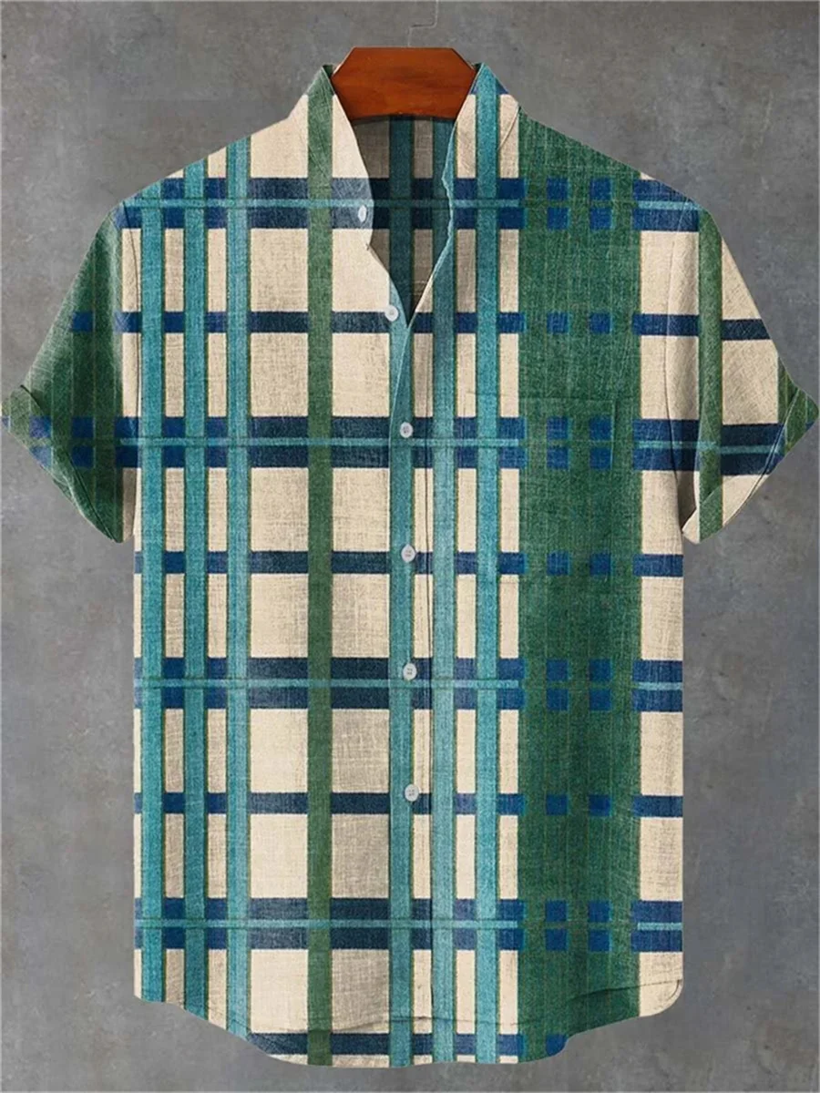 New summer new multicolor geometric stripes 3D printing casual fashion linen men's stand collar large size short shirt