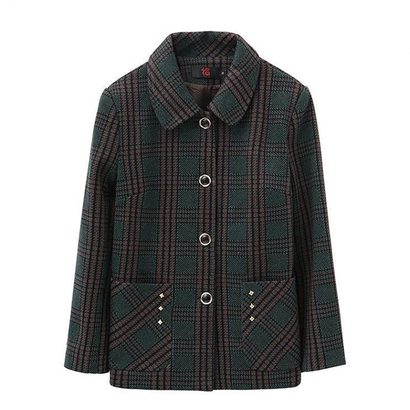 Fashion Red Green Plaid Jacket Middle-Aged Elderly Women Coat 2023 new Short Loose Casual Spring Autumn Woolen Outerwear Tops