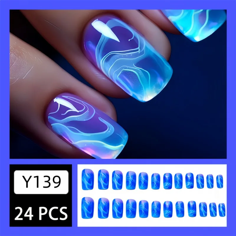 24 Pcs Nail Presson Aesthetic Ocean Blue Glued Fake Press on Nails Medium Square Ready-made Artificial Self-adhesive False Nails