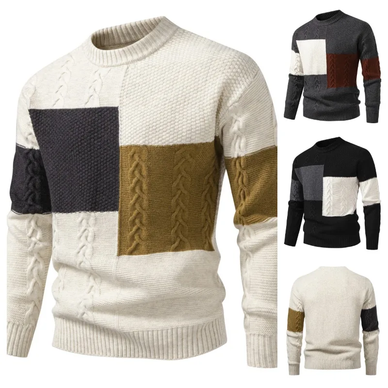 

Men's Fashion Round Neck Irregular Twisted Long Sleeve Sweater Men Casual Color Blocking Knitted Pullovers Men Clothing