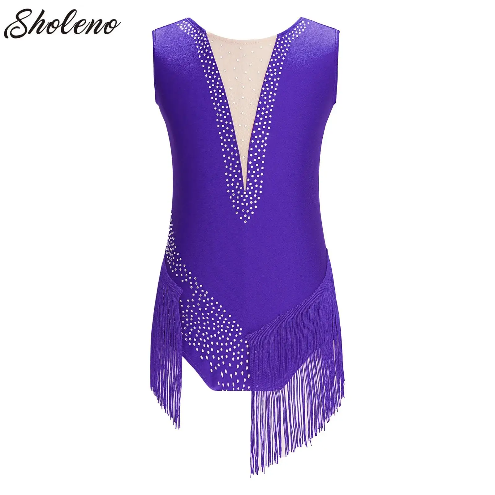 

Sparkly Rhinestones Fringe Bodysuit Kids Girls Party Dance Costume Stage Wear Tassel Leotard Latin Ballroom Performance Clothing