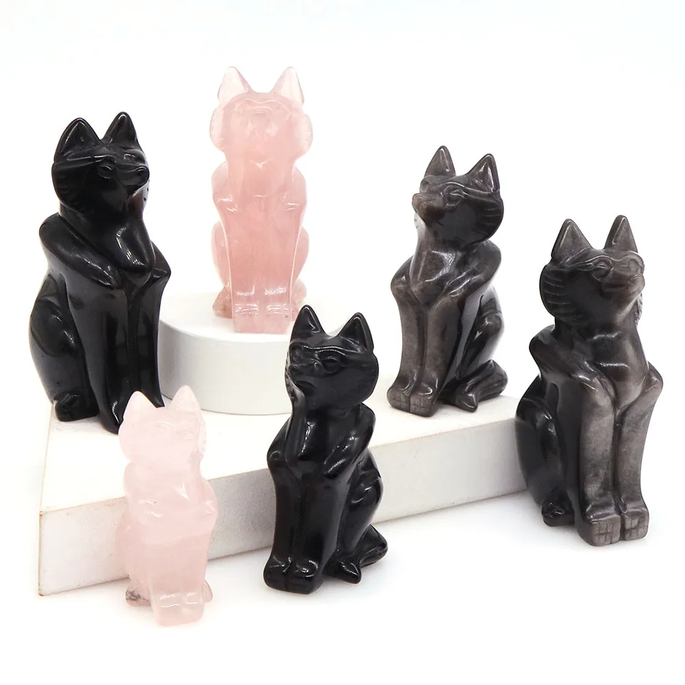 Fox Statue Natural Rose Quartz Black Silver Obsidian Clear Quartz Crystal Healing Stone Carved Animal Figurine Home Decor Crafts