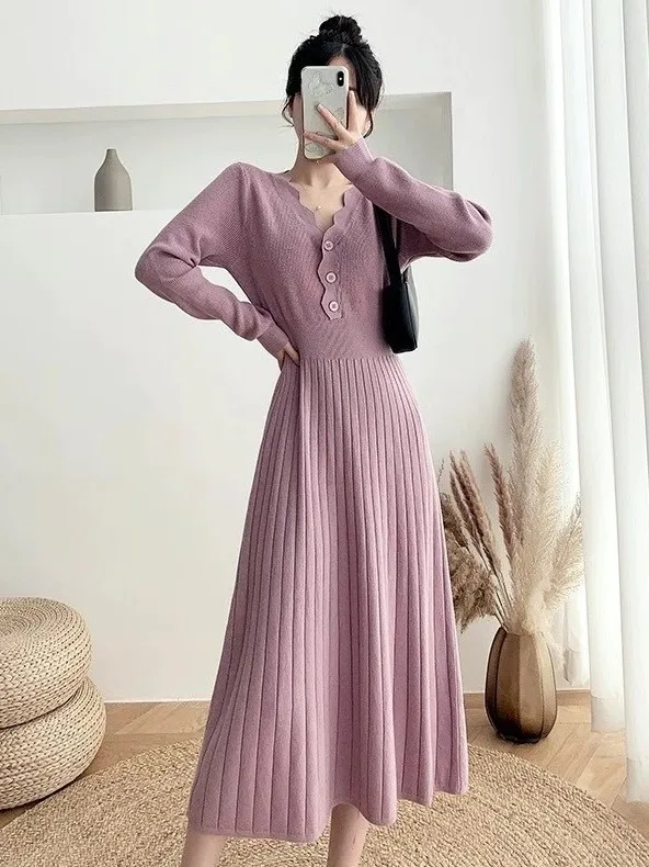Retro V-Neck Knitted Dress Mid-Length Waist-Cinching Sweater Dress Elegant Versatile Autumn Winter New Style Korean Style