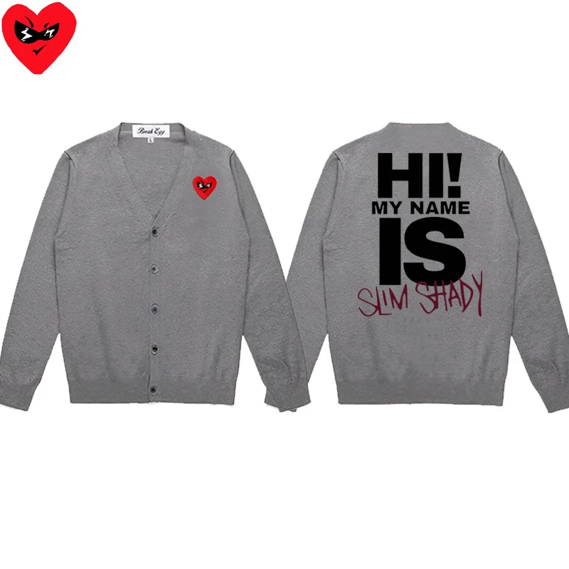 Eminem Slim Shady Letter Printing Men Cardigan Cotton Red Cute Glasses Heart Embroidery V-Neck Single Breasted Autumn Sweater