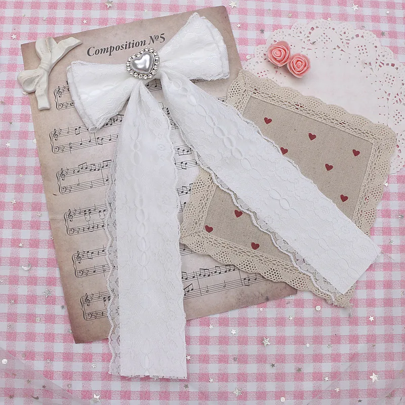 Lace Ribbon Neck Tie Lolita Chic Jirai Kei Pink Black Bow Tie Women\'s Big Bow Love Pearl for Collared Shirt Jfashion Accessories