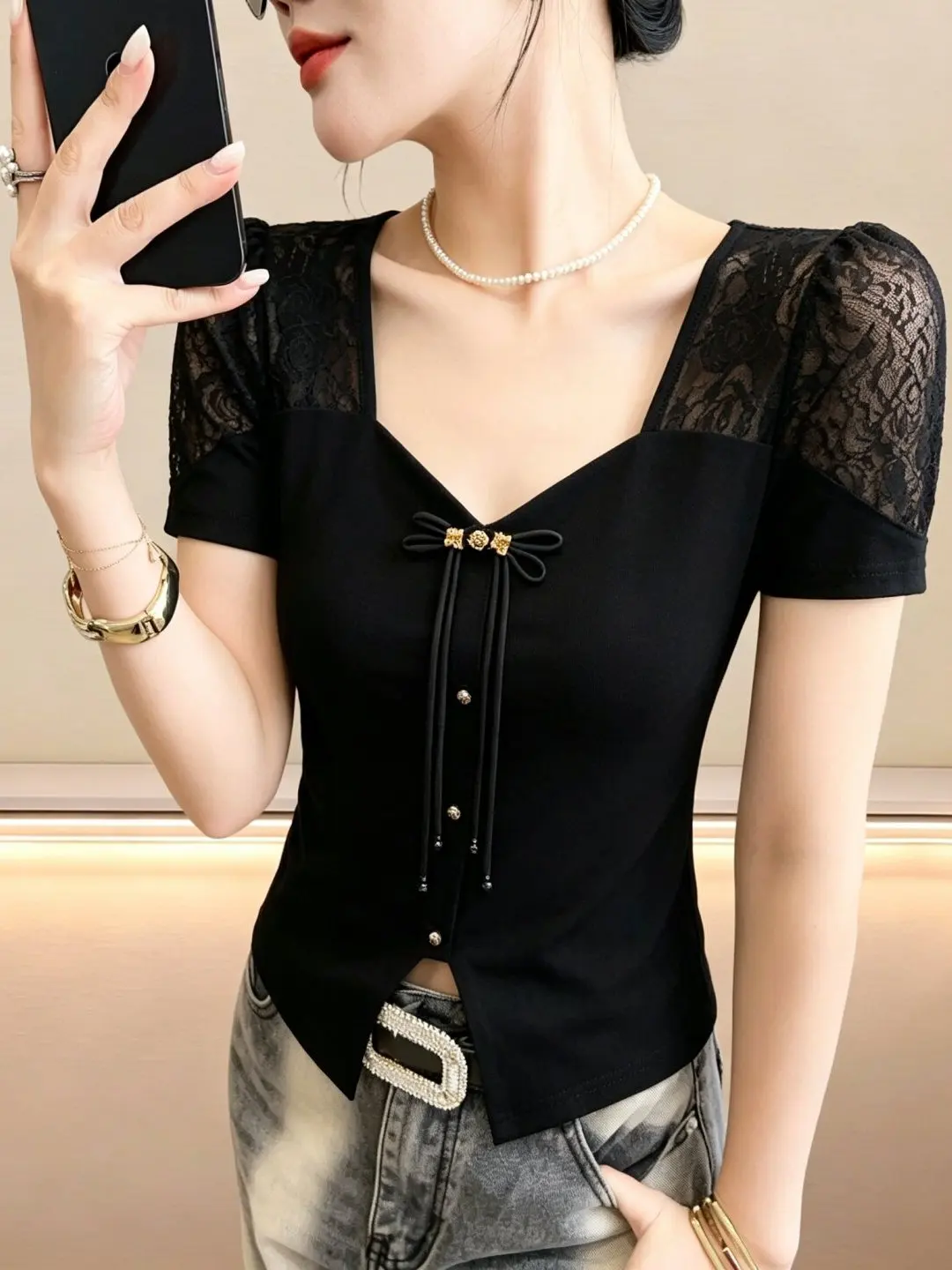 

Sexy Lace Splice Short Sleeve T-Shirt Women's Fashion Retro Button up Top Breathable Cotton Summer Wear Square Collar Blouse