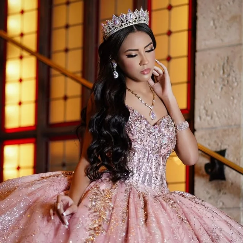 ที่กําหนดเองเงาสีชมพูปิดไหล่ Quinceanera ชุด Tull เลื่อม applique คริสตัลลูกไม้ vestidos de 15 Quinceanera ﻿