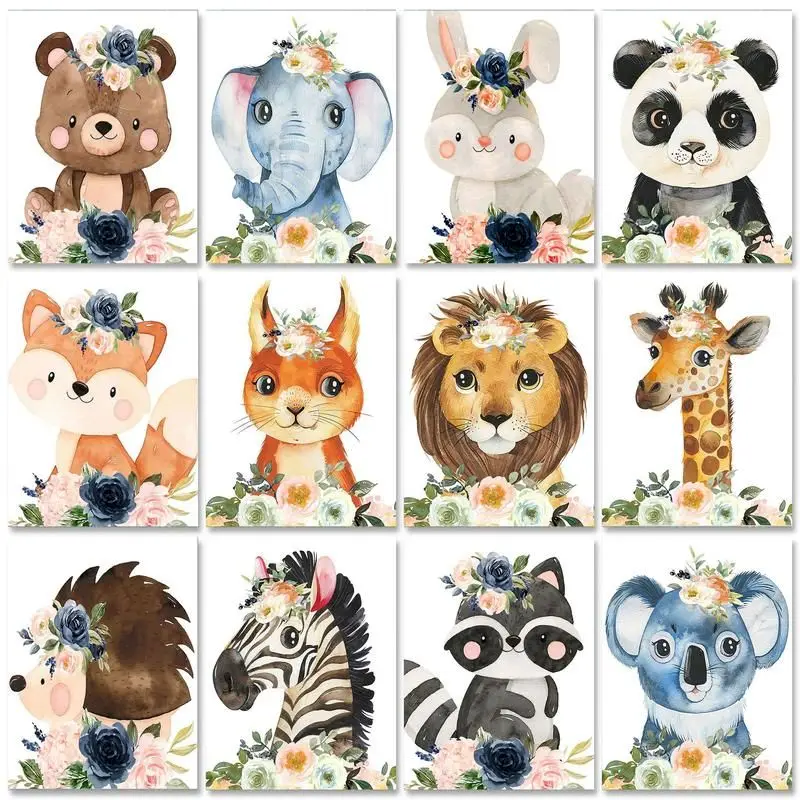 PhotoCustom Cute Animals Interior Number Painting Handpainted Original Gifts Picture Drawing Flower DIY Wall Art For Family