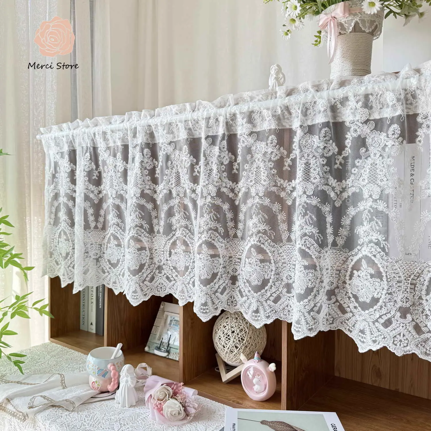 

White Lace Short Sheer Curtain with Floral Patterns Design for Home Decorating Cabinets or Windows Easy-install Rod Pocket