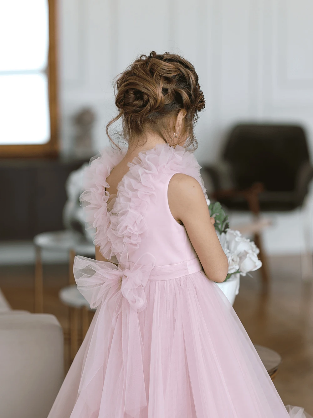 Vestido de niña hinchada, vestido de bebé rosa con tren, vestido de niña de flores con lazo, bonito vestido de cumpleaños para niño, primera comunión