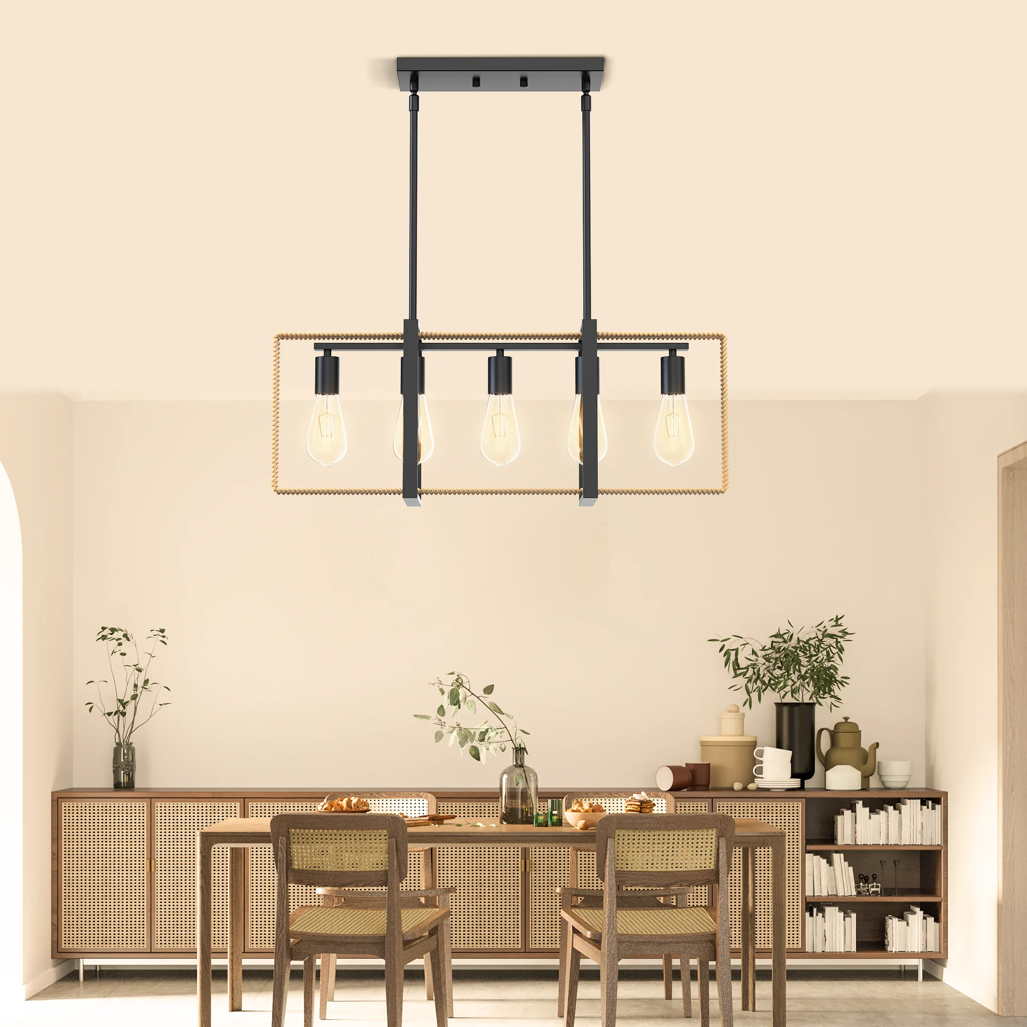 Ajustável Rattan Quadro Pingente Teto Lustre, Modern Ilha Iluminação, Sala de jantar Luminárias, 5-Light