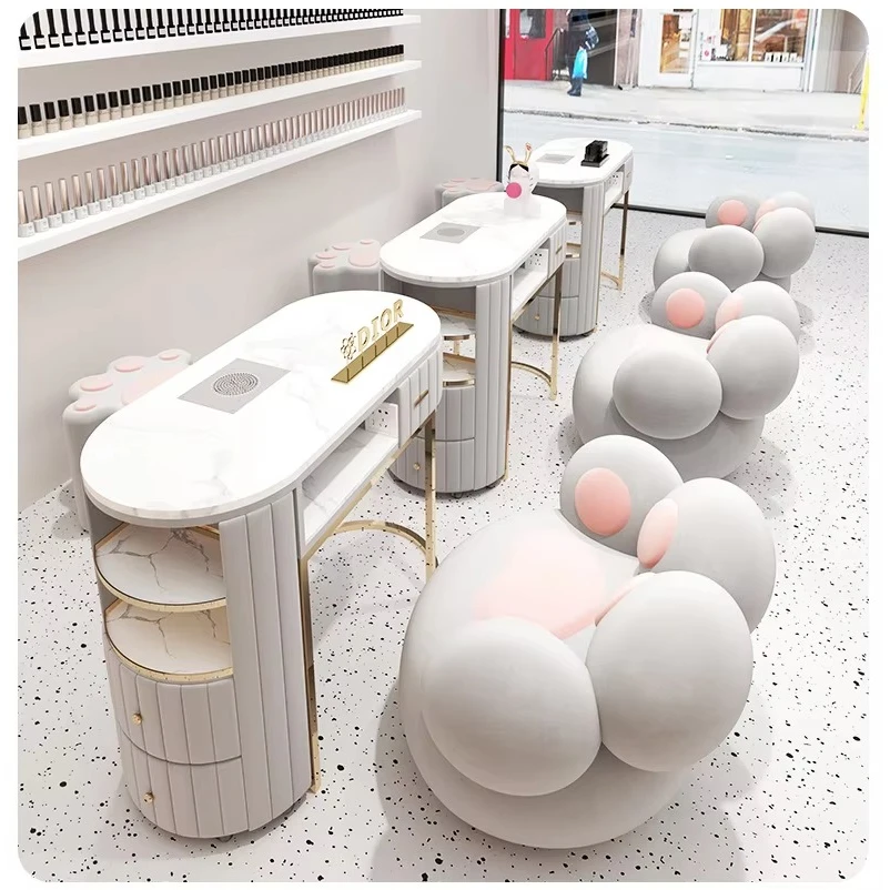 Modern Luxury Manicure Table Double Marble Top Nail Station with Metal Frame for Salon Nail Tech