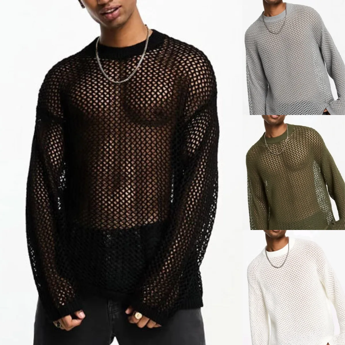 Men's Heavyweight Hollow Out Knit Long Sleeve T Shirt 2026 Drop Shoulder Mesh Sheer Sun Protection Base Top