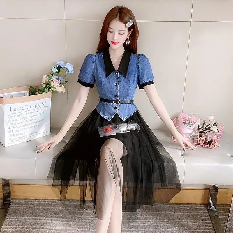 

High-End Design Chic First Love French Dress women's fake two summer clothes new temperament denim fairy skirt