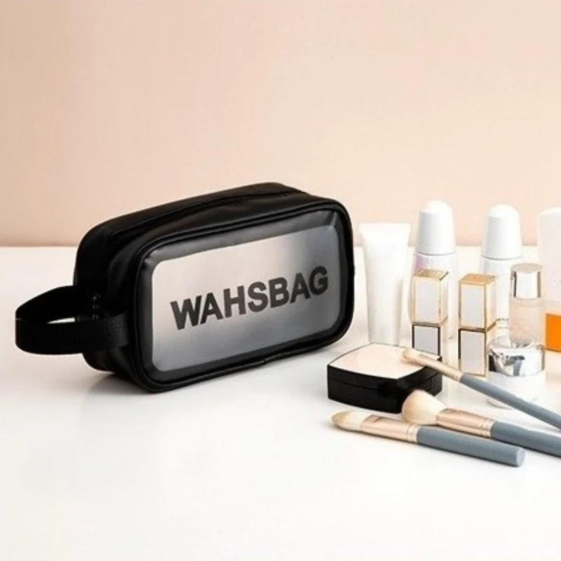 حقيبة تواليت سوداء PVC ذات سعة كبيرة للسفر محمولة شفافة غير لامعة مقاومة للماء حقيبة تخزين المرحاض حقيبة مستحضرات التجميل