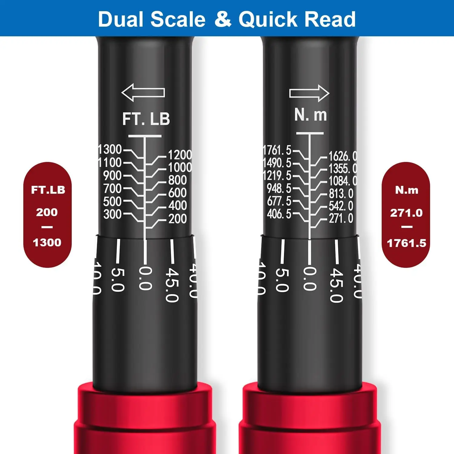 1-inch Drive Click Torque Wrench, 200-1300Ft-Lb/271-1761.5Nm, 48 Tooth Dual-Direction Click Torque Wrench with a Hex Key for Win