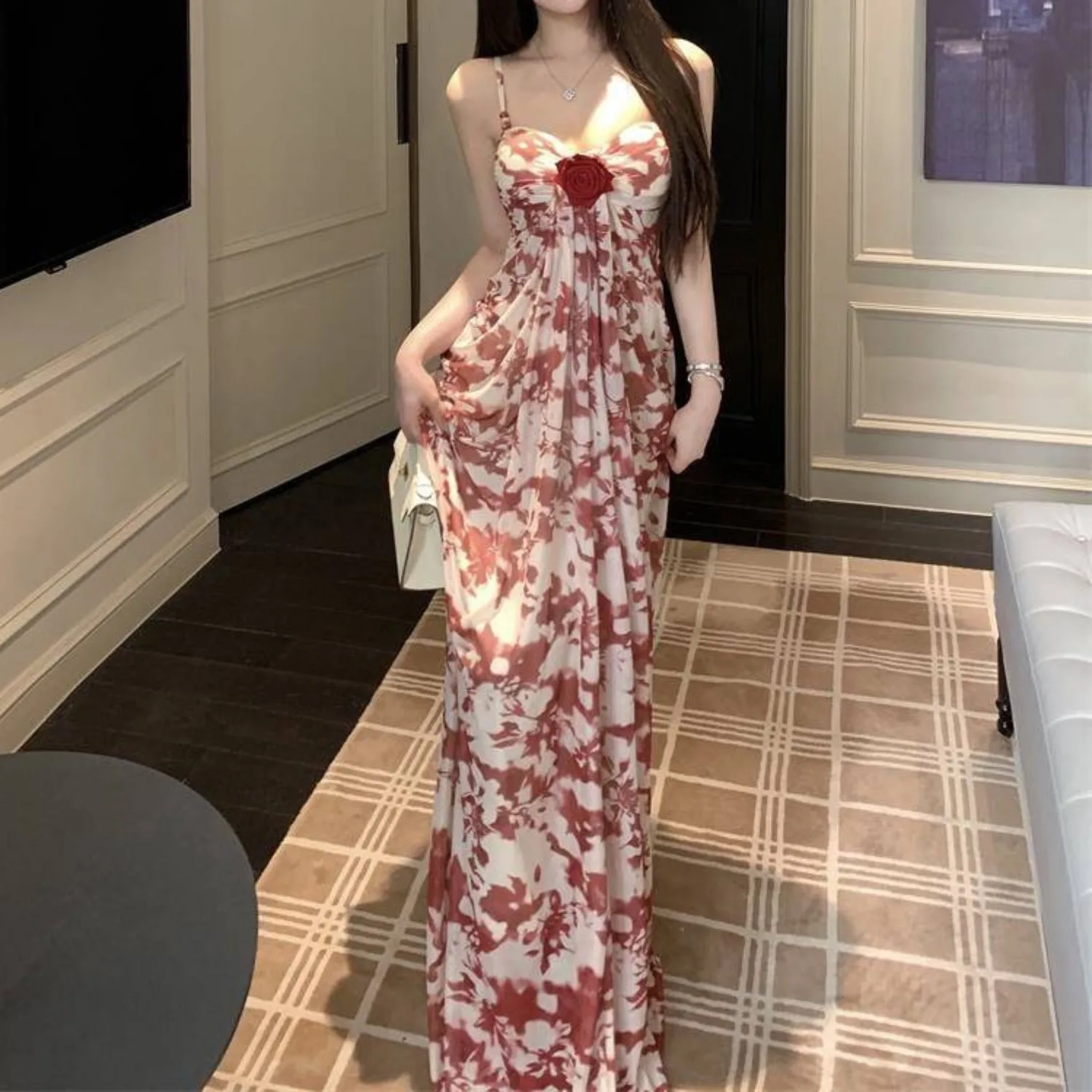 

Flora Print Elegant Dress Women Sleeveless Strapped V-neck Vestidos Bodycon High Waisted Summer Vacation Clothing Lady