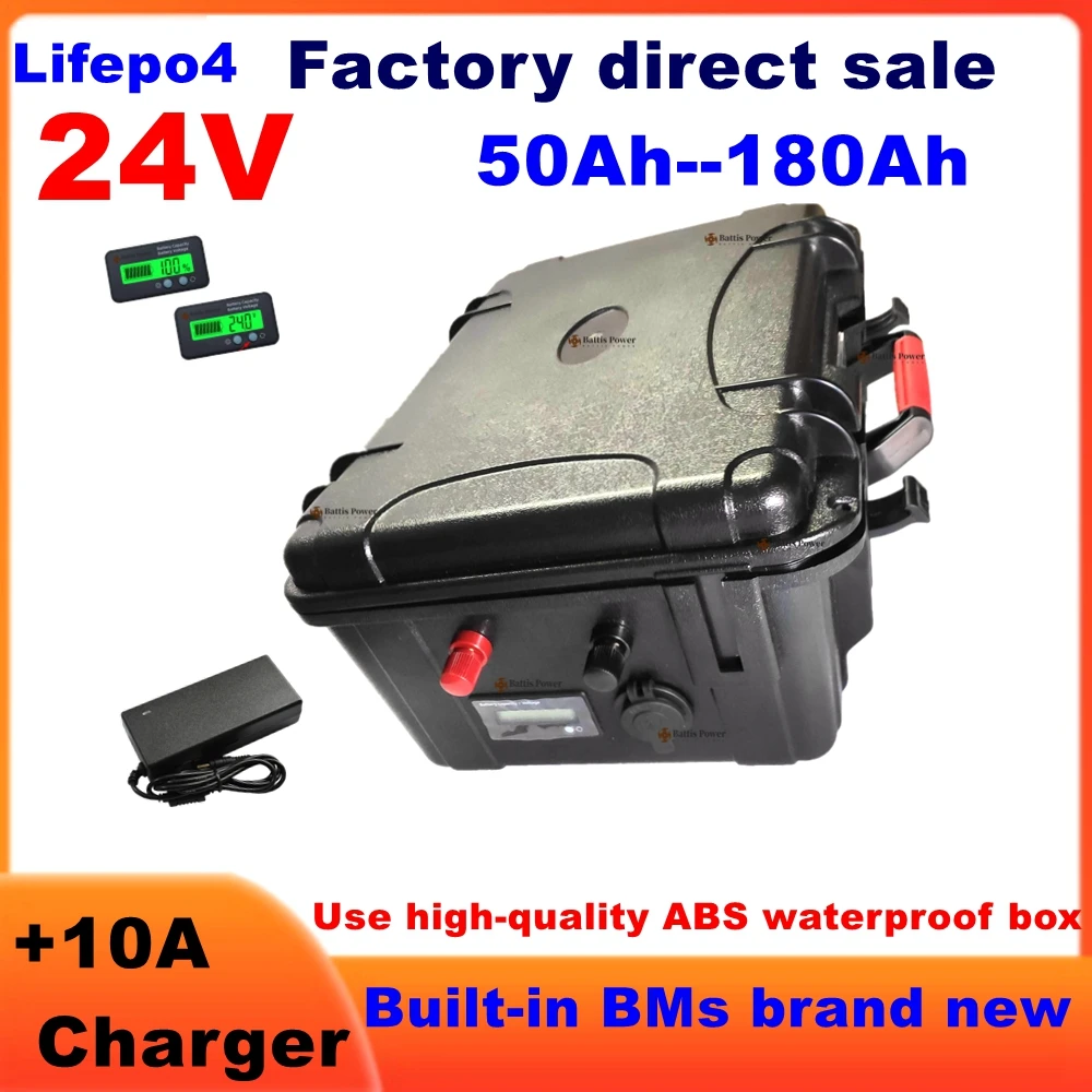 Waterdichte 24V 50Ah 60Ah 80Ah 100Ah 130Ah 150Ah 180Ah Lifepo4 batterij BMS 8S voor trolling motor zonnestelsel Camper + 10A Charger