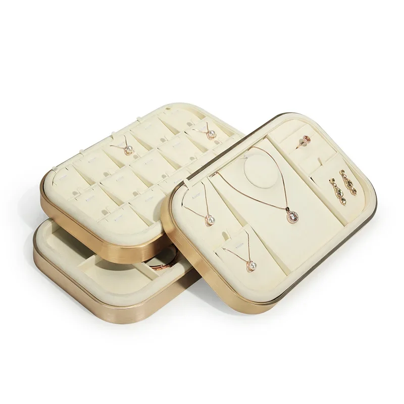 Beige Super Fiber Jewelry Display Tray Fashion Portable Earring Jewelry Storage Case Pendant Necklace Showcase 8 Slot Box