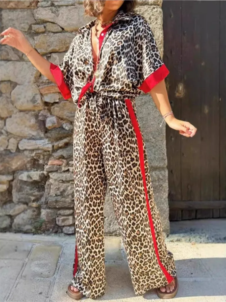 

Summer Women's Casual Leopard Print Trousers Set Contrast Color Edge Cardigan Short-sleeved Top Wide-leg Trousers Two-piece Sets