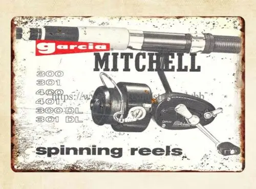 Garcia Mitchell Manual spinning reels metal tin sign brew pub garage signs