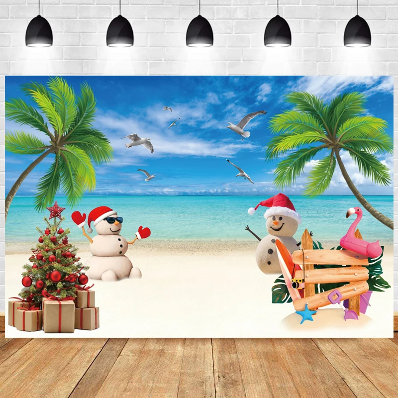 

Hawaiian Christmas Banner Backdrop Beach Scene Wall Decoration Snowman Santa Hat Seaside Holiday Photo Background Photography