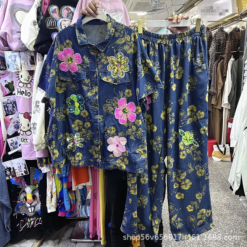 

Модный весенне-летний женский комплект из двух предметов, джинсовые рубашки с короткими рукавами и вышивкой, блестками и цветами, топ, повседневные прямые джинсы