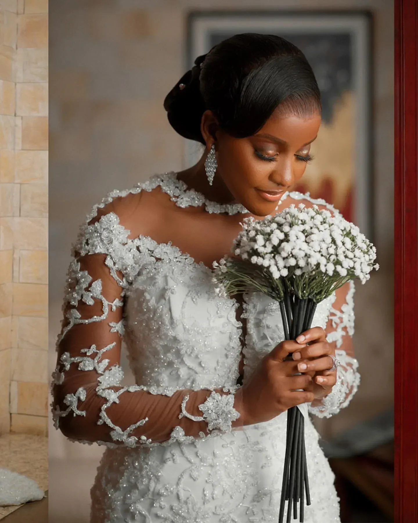 カスタムメイドのフルレースマーメイドウェディングドレス2025シアーネックロングスリーブプラスサイズブライダルパーティガウン結婚式の夜