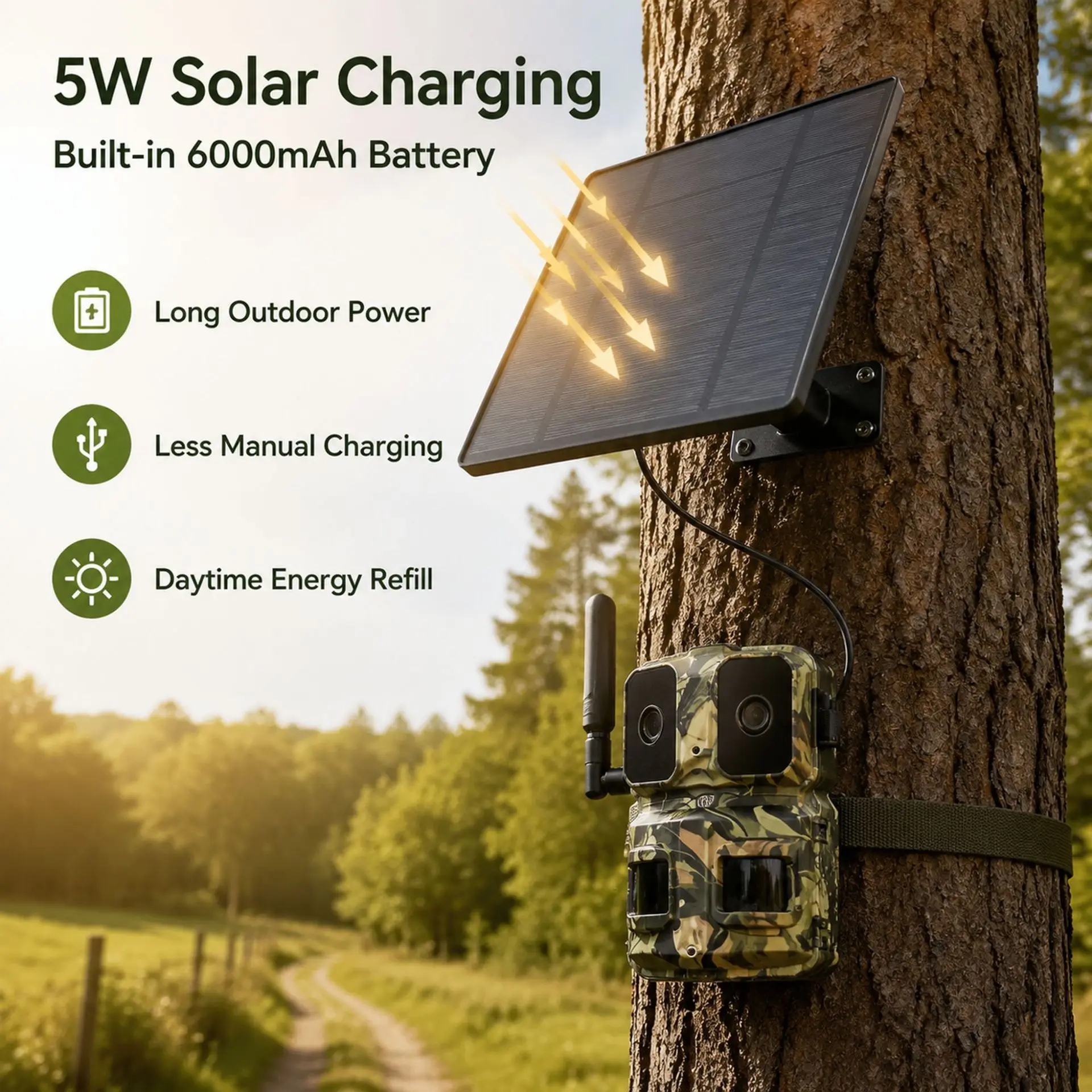 2 Lens 180° View Full-view Solar Hunting Camera 4G EU Plug 6MP 4K PIR Motion Activated Wild Trail Camera with 6000mah Battery