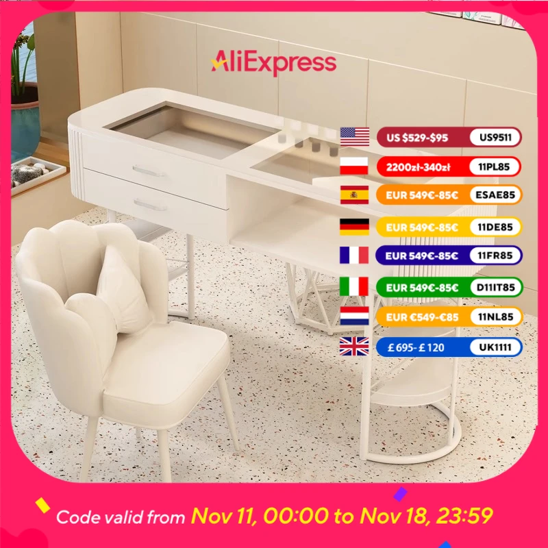 

Fancy Professional Nail Table Glass Top Modern Salon Designer Nail Desk Equipment Storage Luxury Mesas Manicuristas Furniture