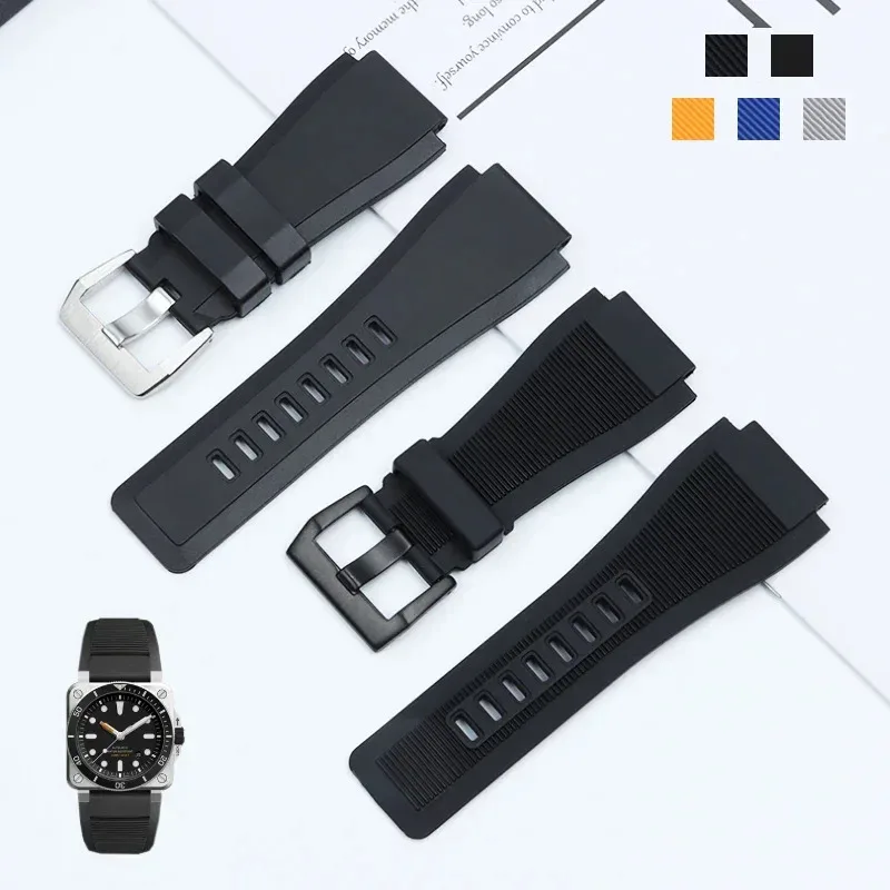 New Nature Black Blue Rubber Watchband Pin Buckle Accessories Bell Ross Strap BR01 BR03 22mm 24mm Outdoor Waterproof Wristband