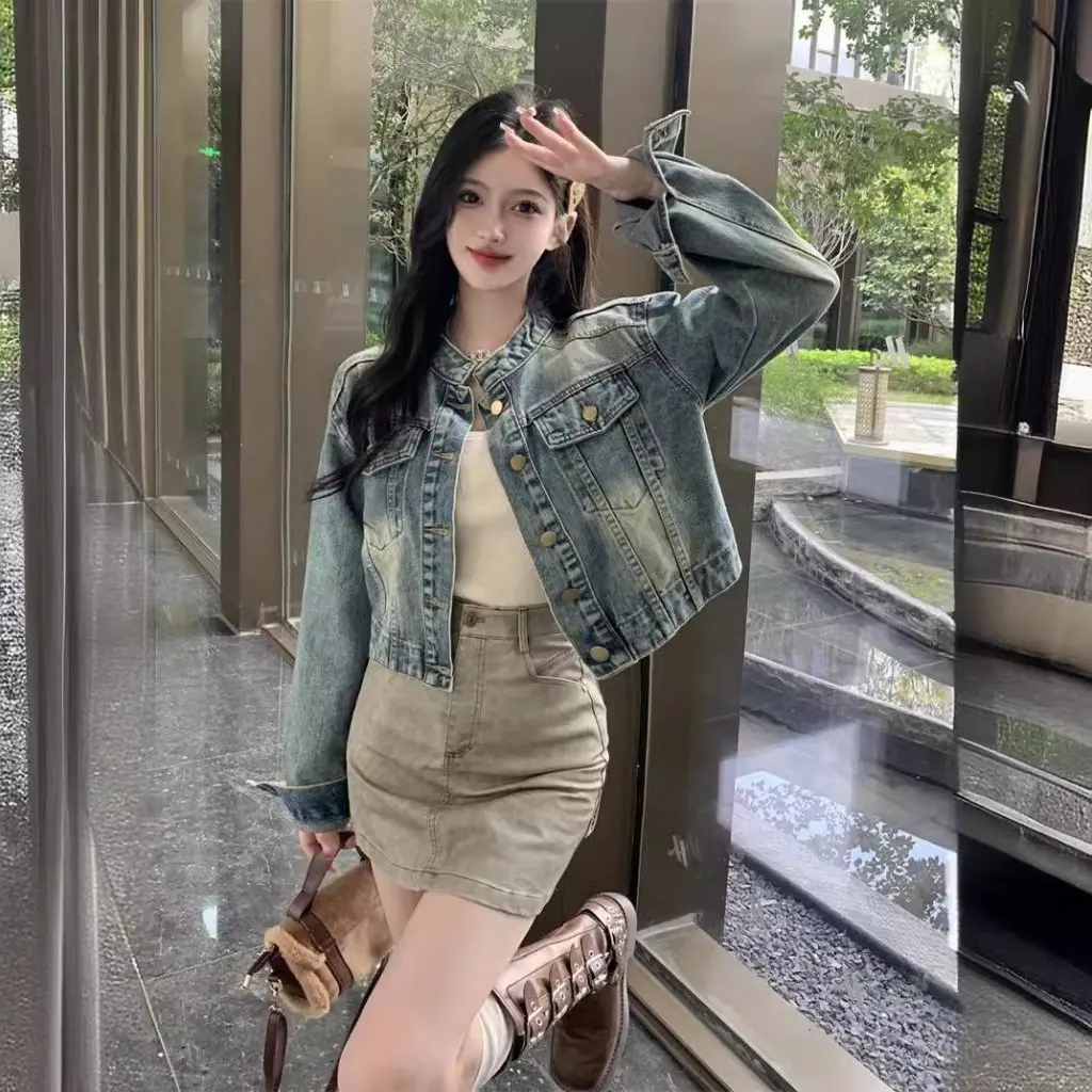 Women's American Style Retro Denim Coat High-End Design Spring Autumn Top Fashion Small Size