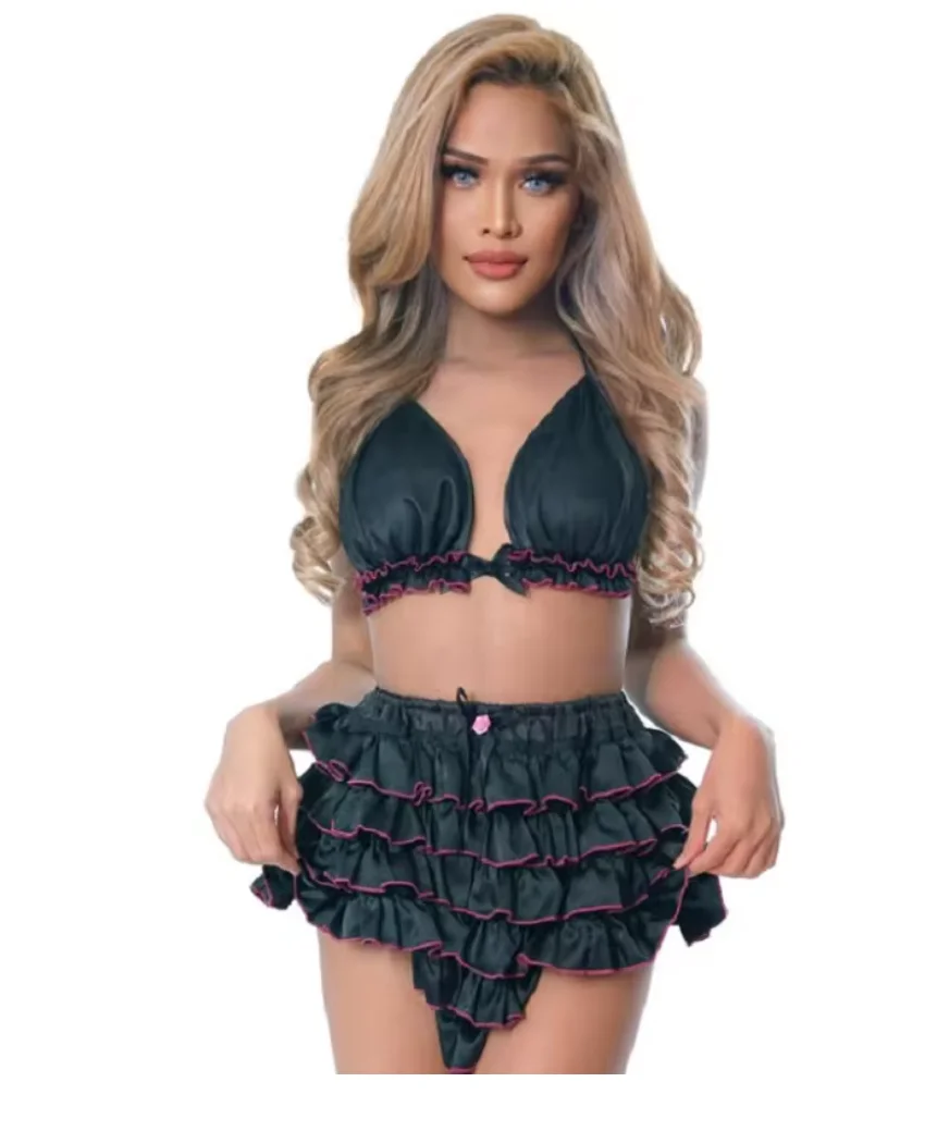 

Sexy lingerie cross dresser bra underwear two-piece set elastic waist pleated lace upper and lower split set