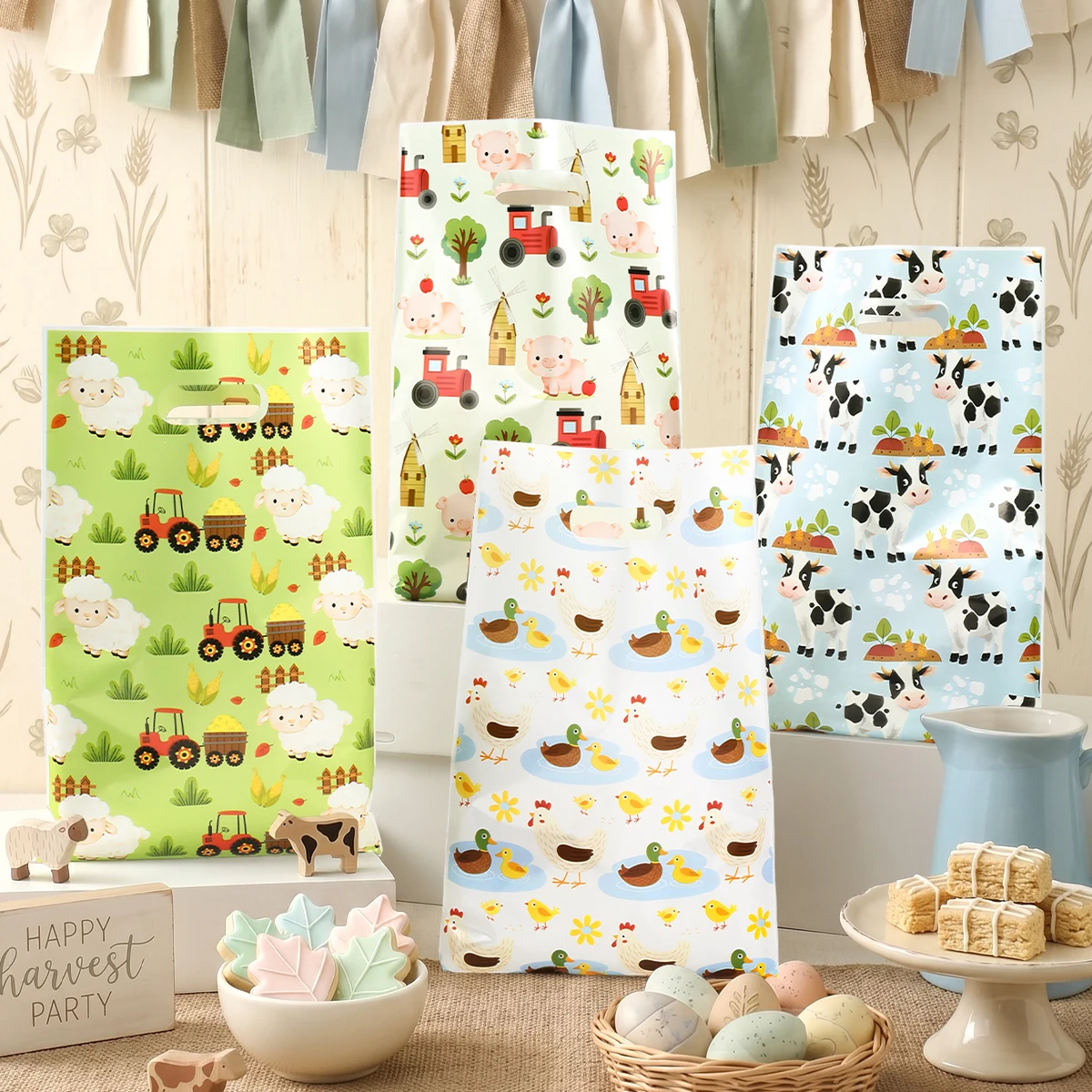 10/25/50Pcs Farm Animal Party Favor Bag Cute Cow Duck Sheep Pig Gift Bags Barn Theme Birthday Goodie Bag for Kids Party Supplies