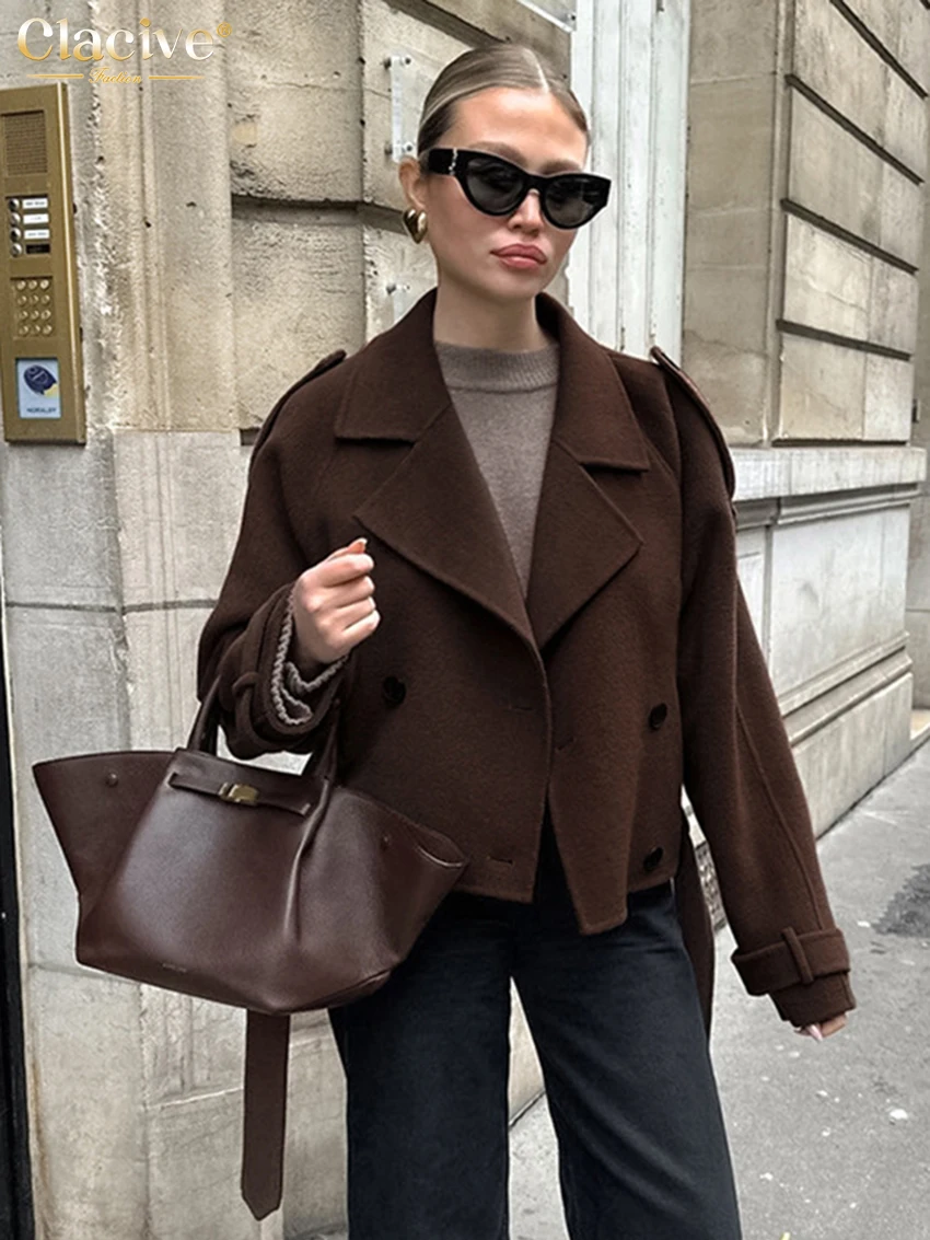

Clacive Fashion Loose Brown Warm Women's Shirt 2025 Winter Lapel Long Sleeve Shirts Elegant Classic Solid Top Female Clothing