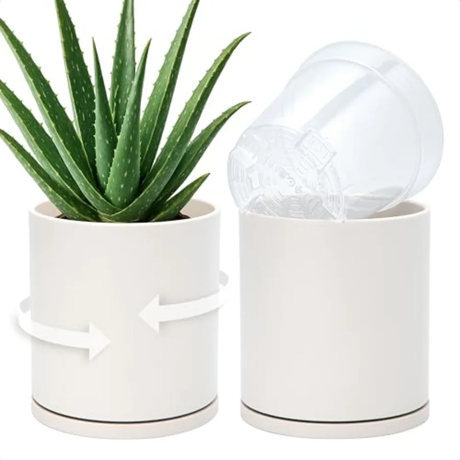 

Двухслойный самополивающийся набор для выращивания растений: вращающийся пластиковый внешний горшок с прозрачной внутренней емкостью для здоровья корней, идеально подходит для дверных и подвесных растений.