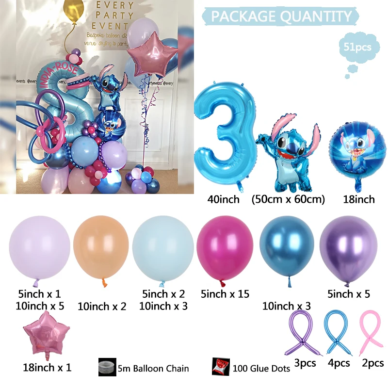 51Pcs Disney Lilo&Stitch Theme Blue Metal Latex Balloons 40'' Number 1-9th Foil Ball Baby Shower Kids Girl Birthday Party Decor image 6