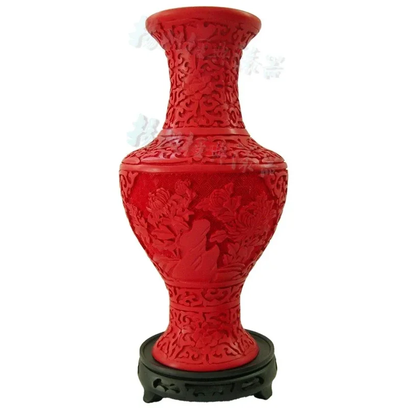 12 inch / Exquisite Chinese Classical Traditional Technology Red Lacquerware Flower Bird Designs Auspicious Vase No.5