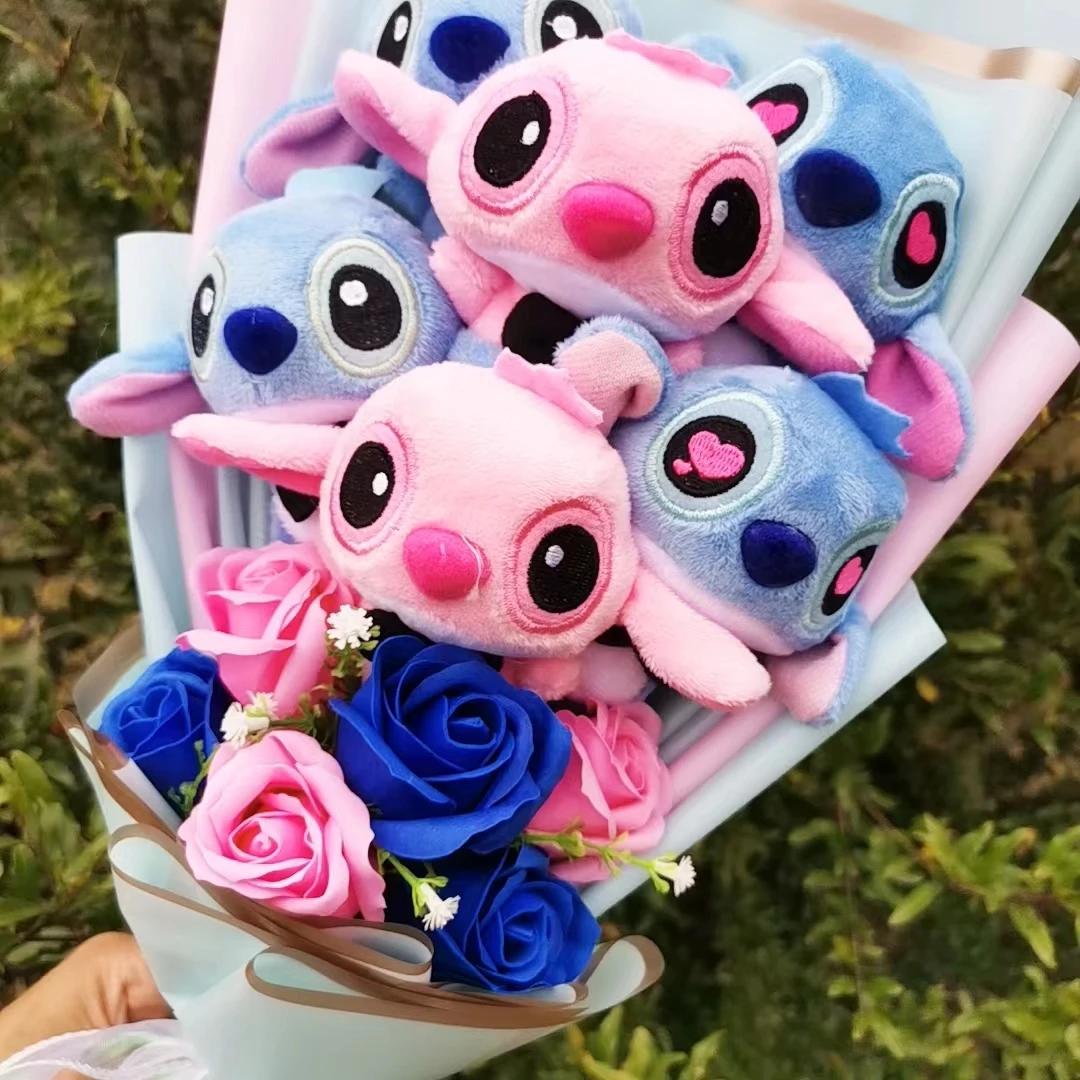 Disney-ramo de felpa de Lilo Stitch con jabón, flor de Rosa, Anime, animales de peluche, decoración del hogar, regalo de San Valentín y Navidad