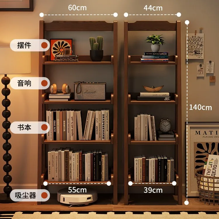 Solid wood trapezoidal bookshelf floor shelf, multi-layer storage display shelf stepped bookcase