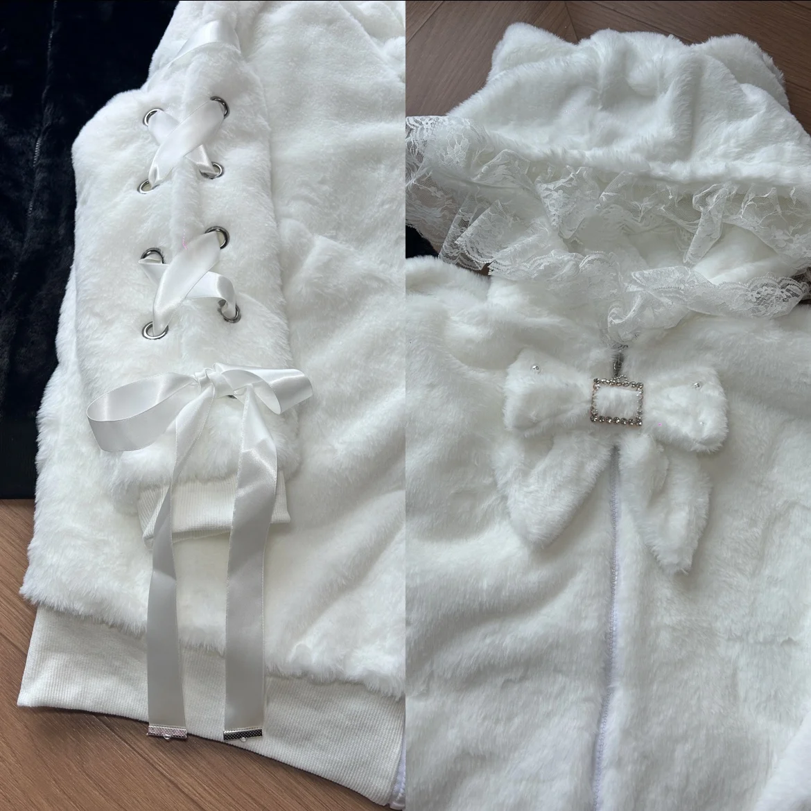 

Winter Original Hooded Jacket Japanese Y2K Kawai Double-sided Rabbit Velvet Lace Bow Top Women Sweet Loose Casual Versatile Coat