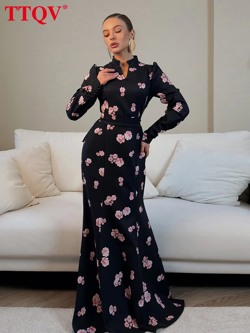

TTQV Fashion Slim Print Women's Dress 2026 Spring Stand Collar Long Sleeve Maxi Dresses Elegant Classic Female Dress Streetwear