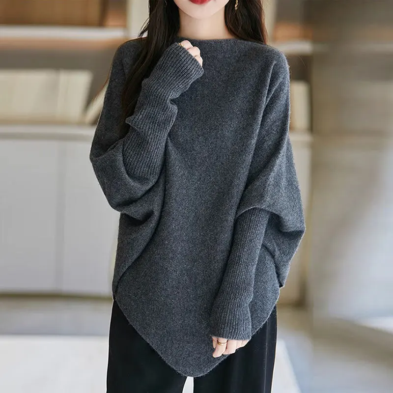 2025 Lazy Wind Fighting Knitted Shirt Women's Autumn and Winter Clothing New Loose Irregular Bat Sleeve Sweater Look Thin Top