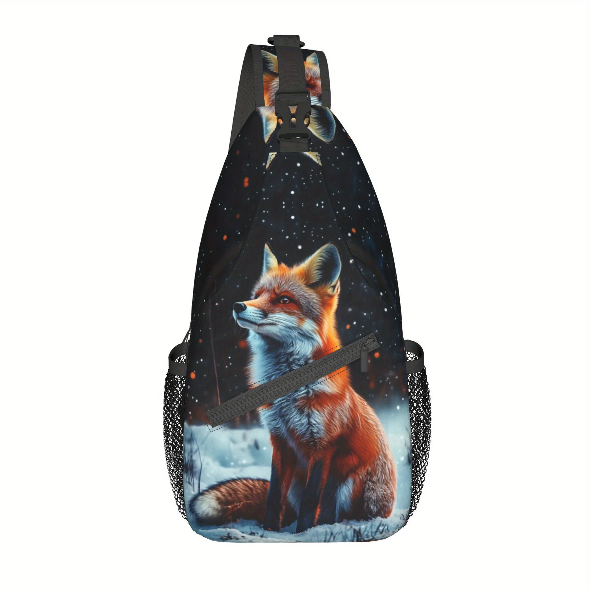 Men's Fox in the Snow Chest Bag Large Capacity Crossbody Sports Bag with Zipper Closure Winter Fox & Snowy Landscape Print