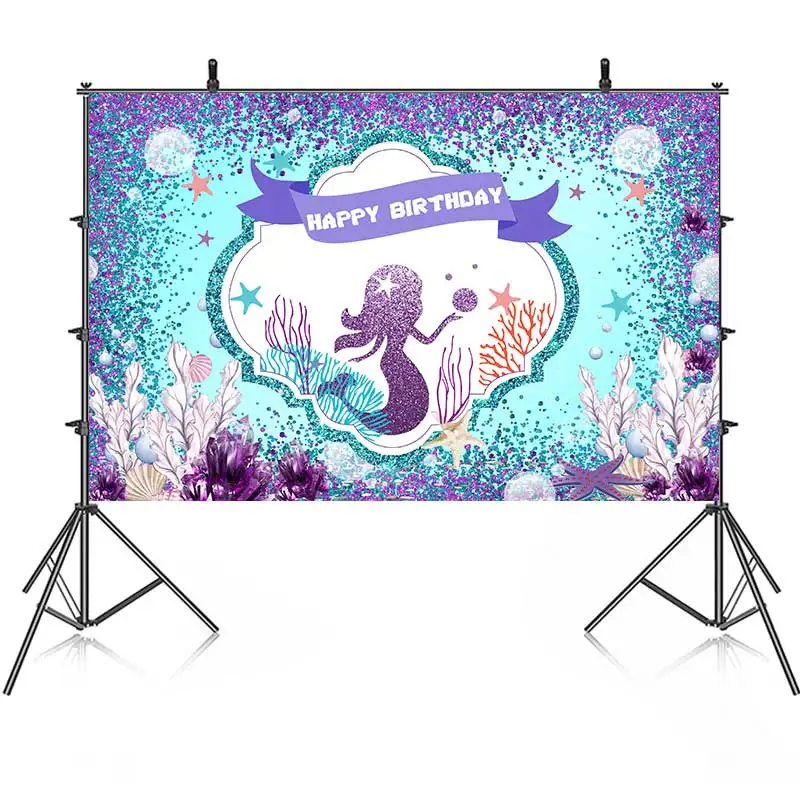 Mermaid Princess Birthday Party Backdrop Photography Baby Shower For Boys Girls Blue Glitter Background Banner Custom Name Pic