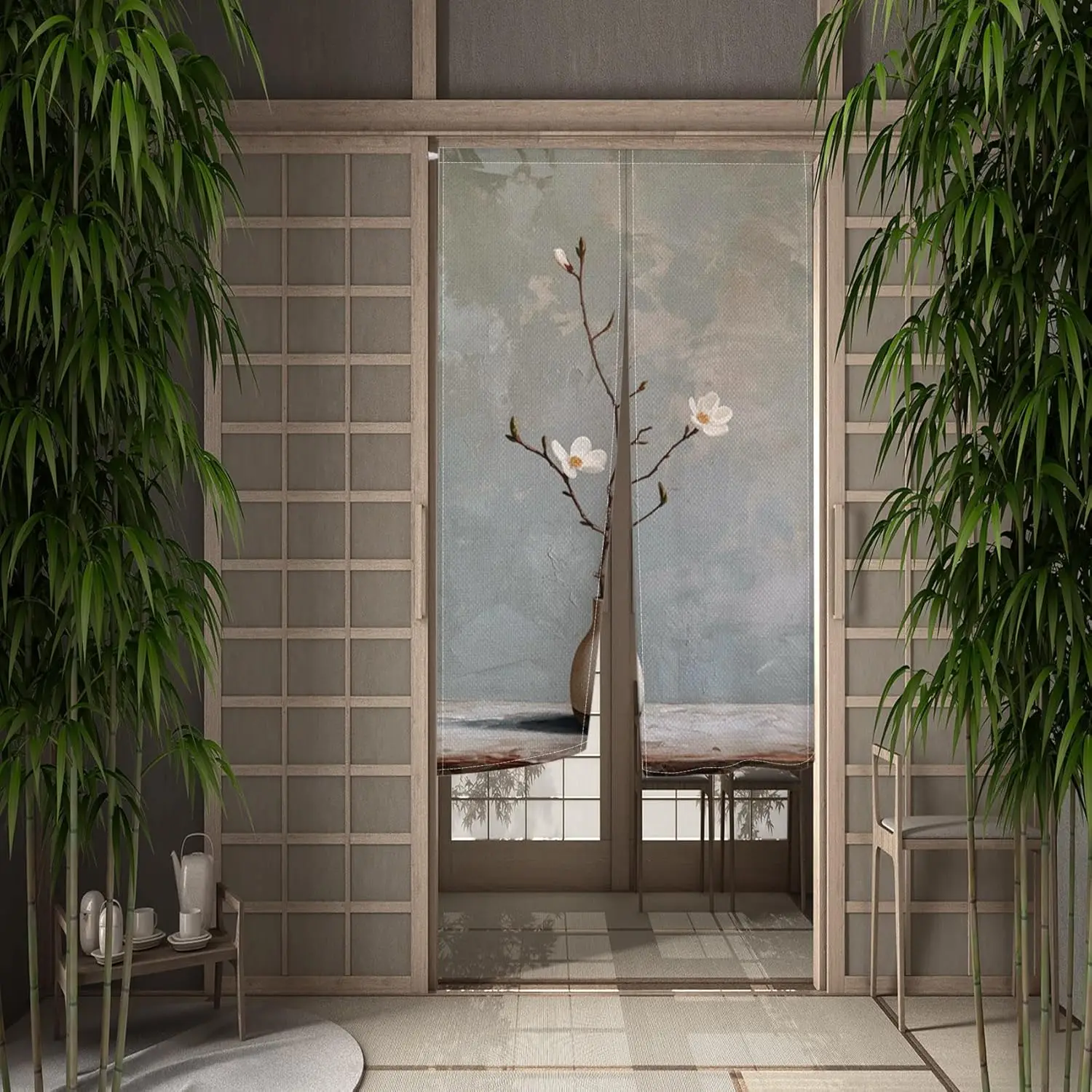 Flower Pattern Japanese Noren Doorway Curtain Japanese Door Curtain Chinese Ink Style Vase Printed Window Treatment Door